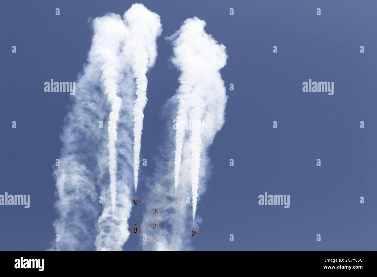 The Royal Canadian Air Force (RCAF) Snowbirds 431 Air Demonstration Squadron practicing their 2021 performance in London, Ontario, Canada. Stock Photo