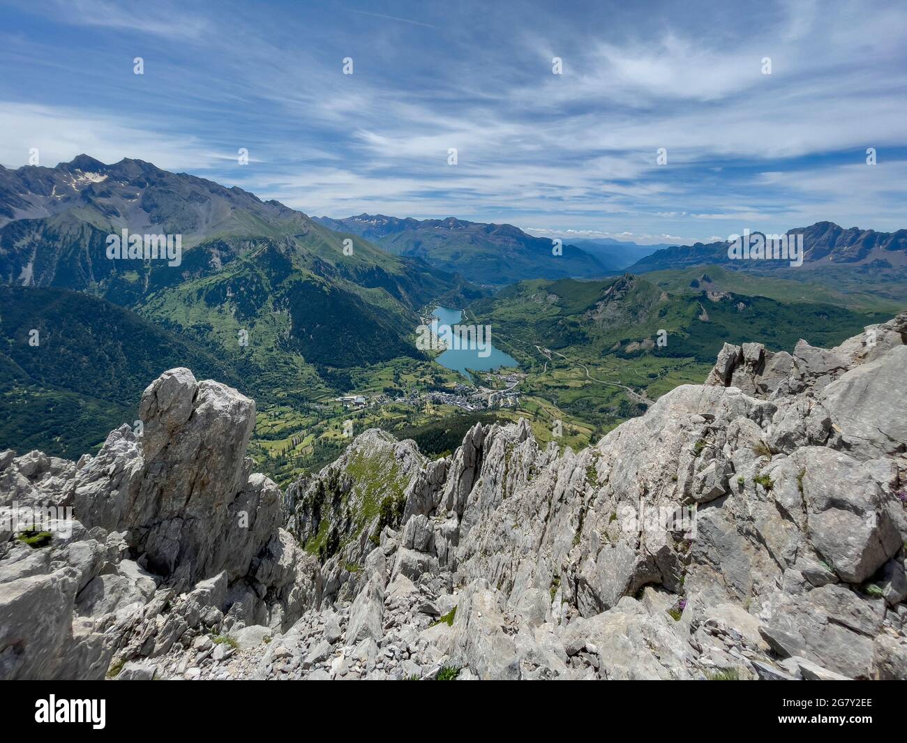 Lanuza Dam from the summit of Peña Foratata the most iconic peak in the upper Tena Valley, Sallent de Gallego; Pyrenees; Huesca; Spain Stock Photo