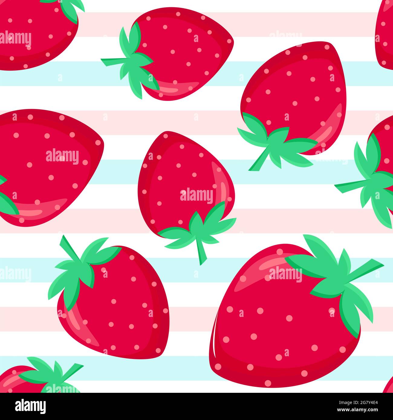 Strawberry and stripes shameless pattern, vector illustration. Bright red summer berry continuous background. Template with berries and a strip for wa Stock Vector