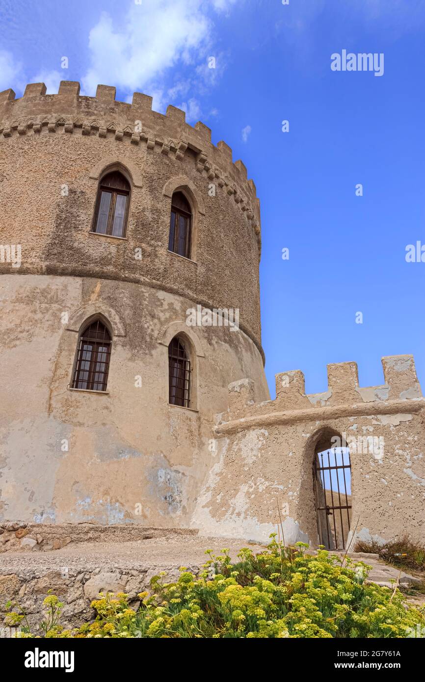 Apulia watchtower: Vado Tower is a sixteenth century coastal tower guard which stands a few metres away from the sea shore, over the tourist port. Stock Photo