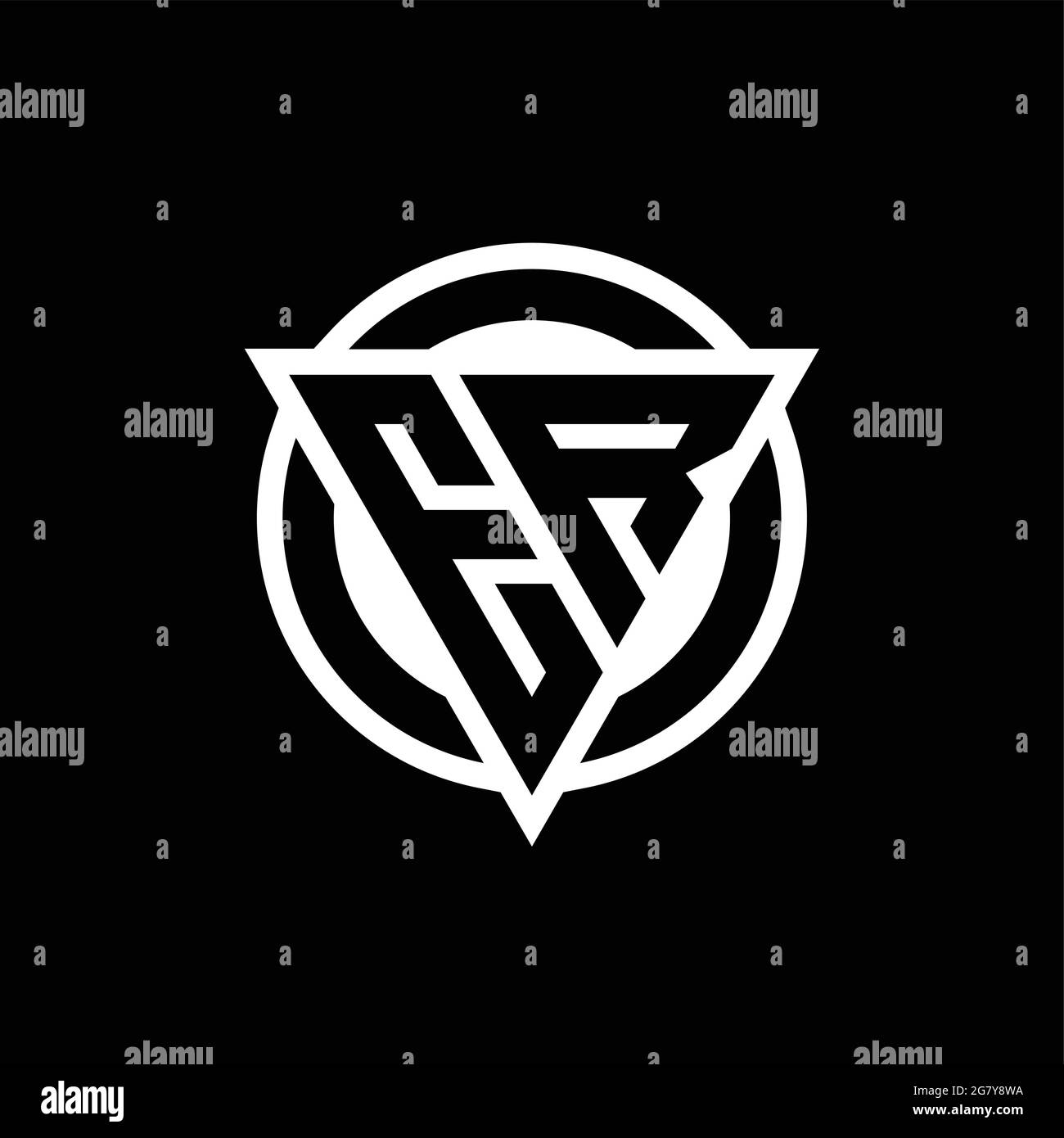 ER logo with negative space triangle shape and circle rounded design template isolated on black background Stock Vector