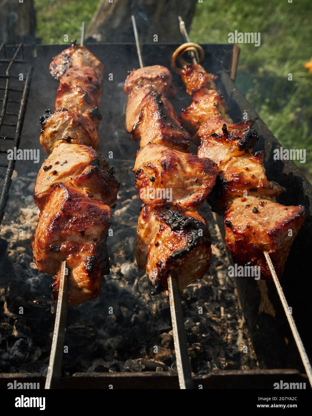 Barbeque meat and sausages or bratwurst on a grill grate in backyard. Man preparing shashlik or shish kebab over charcoal. Grilled meat on metal Stock Photo