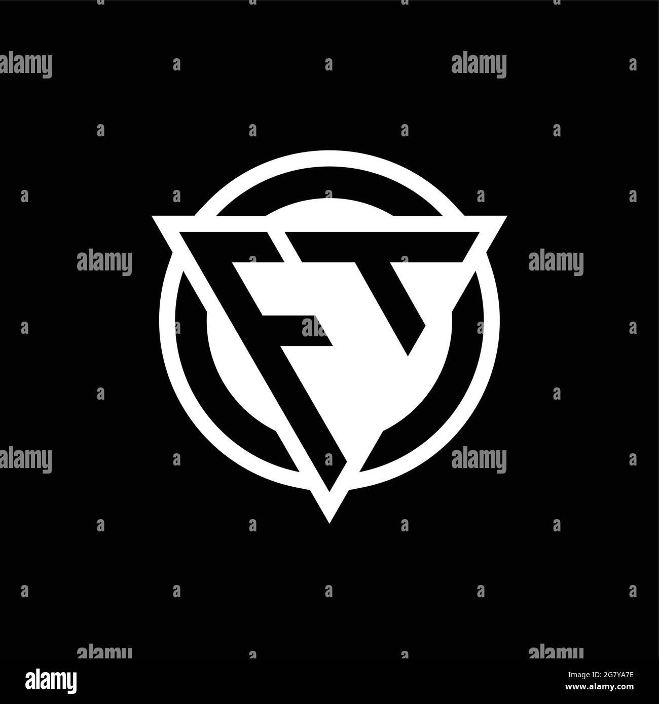 FT logo with negative space triangle shape and circle rounded design template isolated on black background Stock Vector