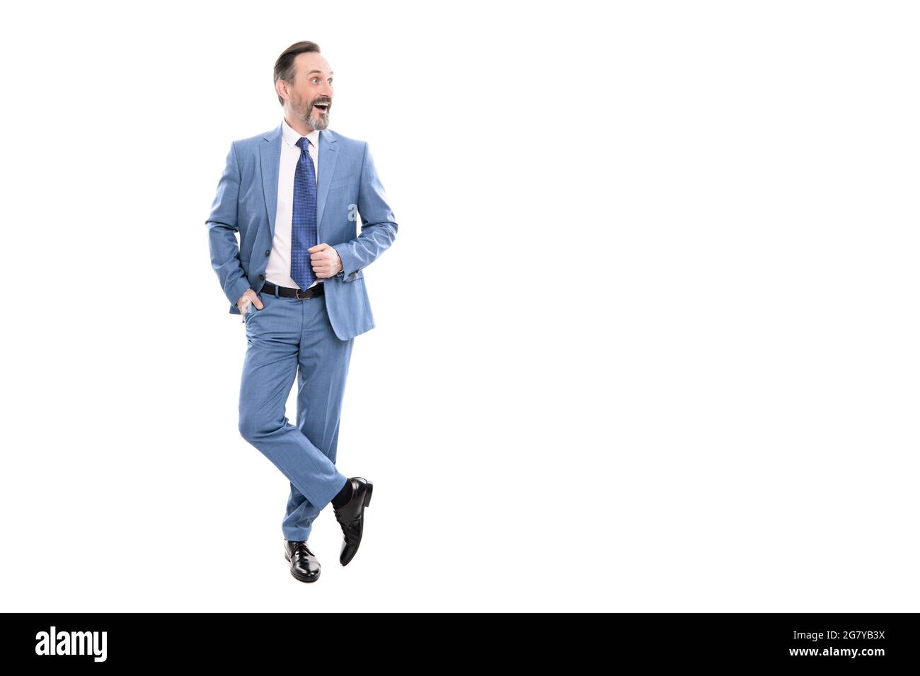 surprised grizzled ceo in businesslike suit full length isolated on white copy space, businessperson Stock Photo