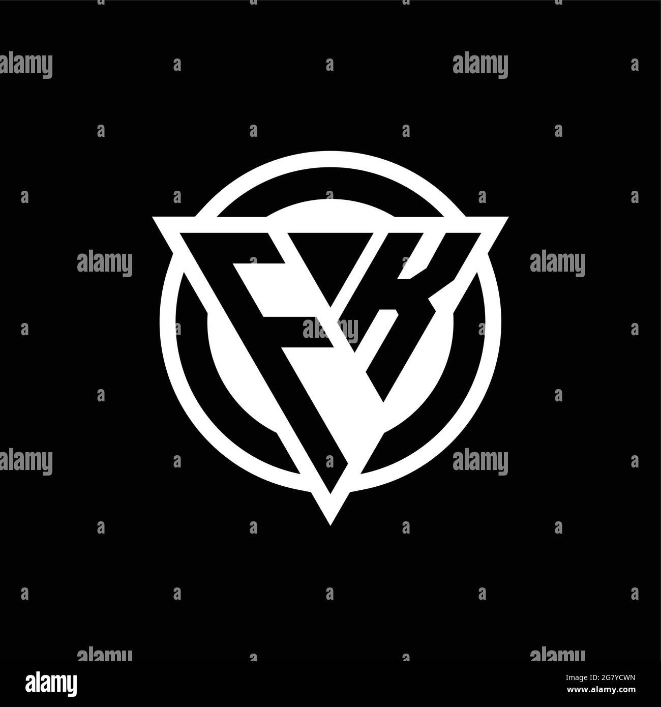 FK logo with negative space triangle shape and circle rounded design template isolated on black background Stock Vector