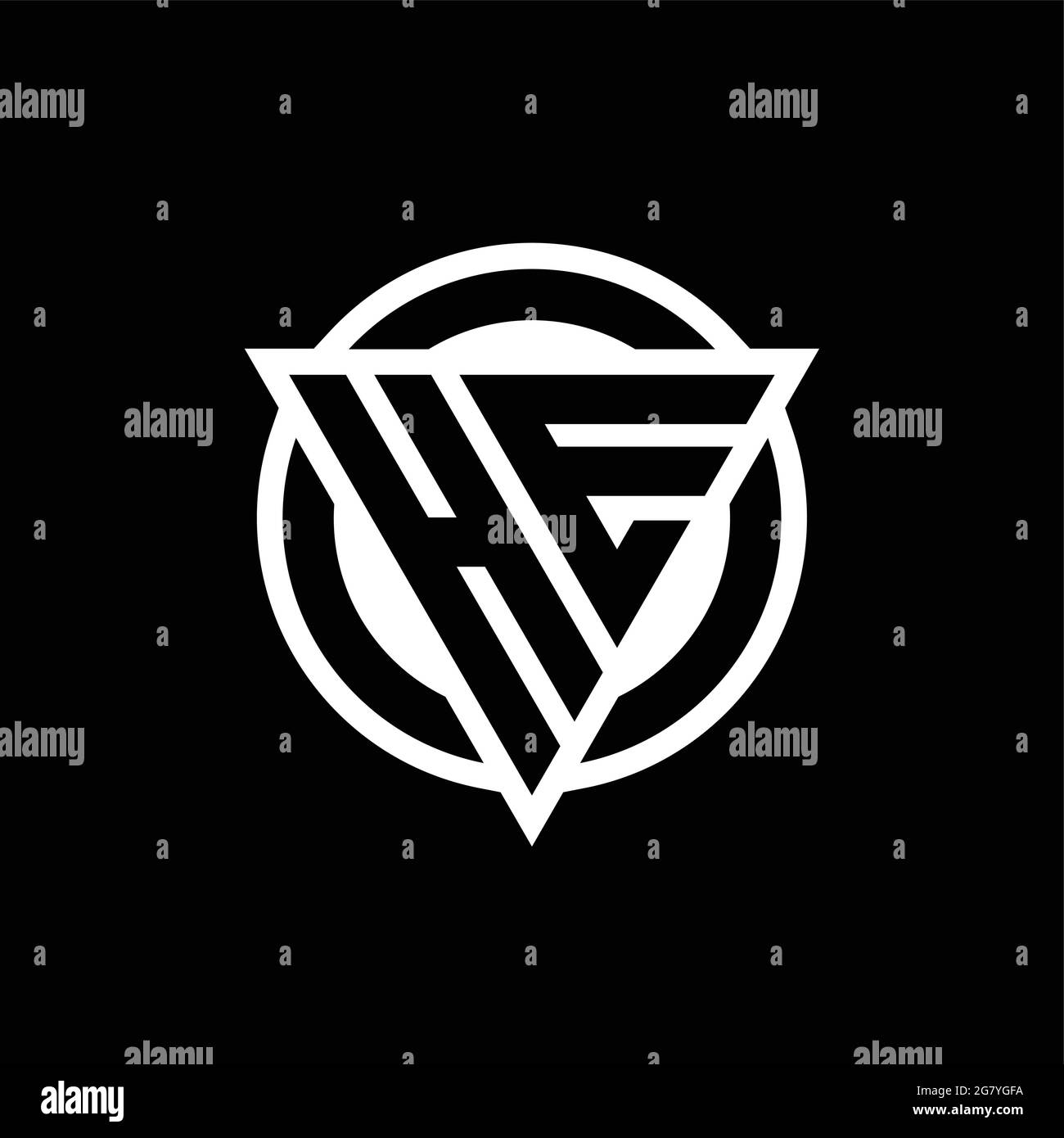 HE logo with negative space triangle shape and circle rounded design template isolated on black background Stock Vector