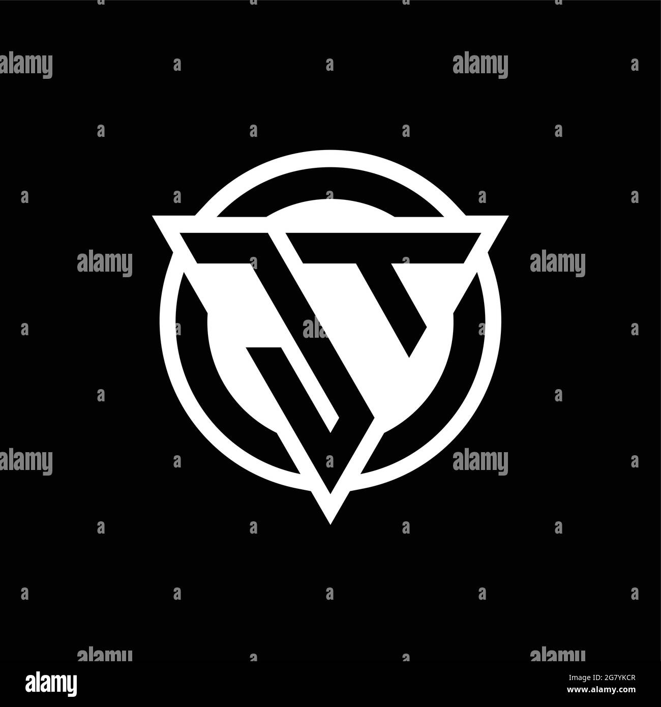 JT logo with negative space triangle shape and circle rounded design template isolated on black background Stock Vector
