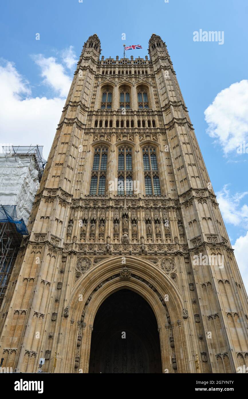 Low angle view of the Victoria Tower at the House of Lords end of the Palace of Westminster. Stock Photo