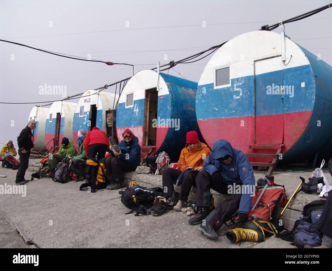 MINERALNYE VODY, RUSSIA - Aug 14, 2010: The Barrels Camp is the most popular accommodation option for climbers on the slopes of Elbrus, on Garabashi h Stock Photo