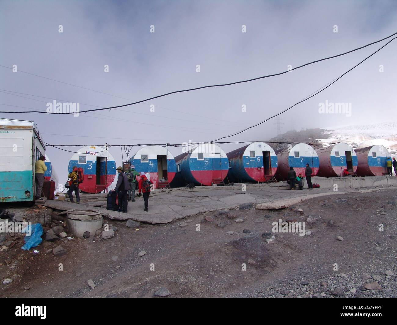 MINERALNYE VODY, RUSSIA - Aug 14, 2010: The Barrels- Camp is the most popular accommodation option for climbers on the slopes of Elbrus, on Garabashi Stock Photo