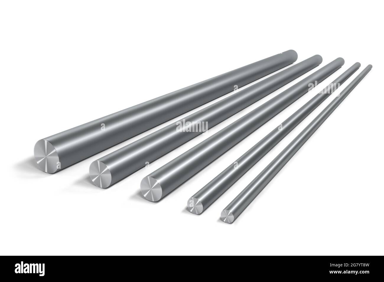 Set of 5 round steel bars of different size isolated on white background - 3d render Stock Photo