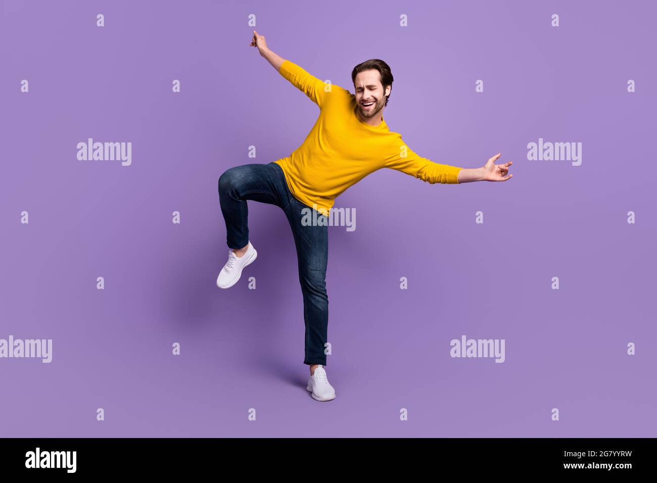 Full length body size photo smiling man in casual outfit dancing