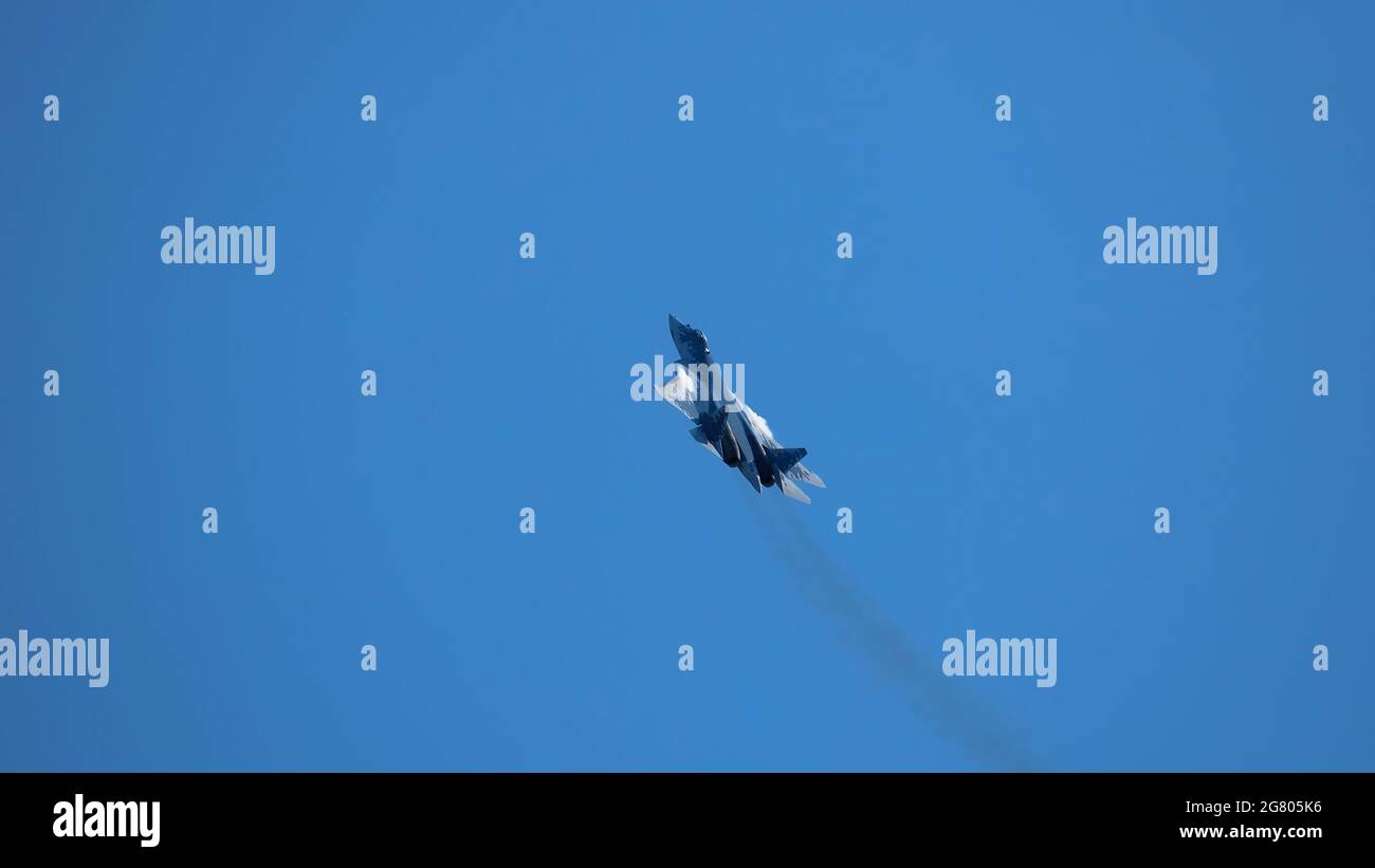 New Russian five generation fighter SU 57, T-50 shows aerial maneuver battle at Moscow International Aviation and Space Salon MAKS 2019. RUSSIA Stock Photo