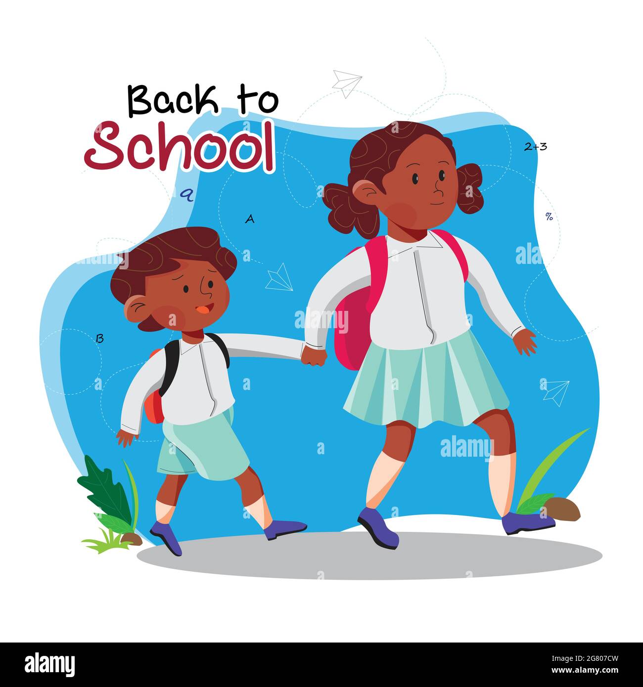In this poster little girl holding the hand of her little brother and going to school. Stock Vector
