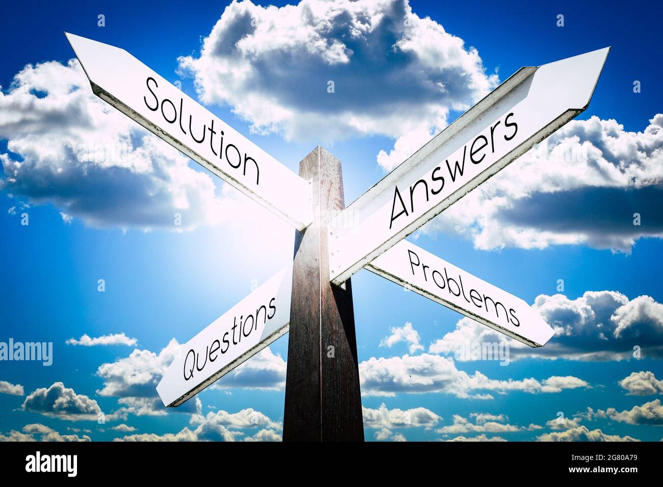 Solution, problems, questions, answers concept - signpost with four ...