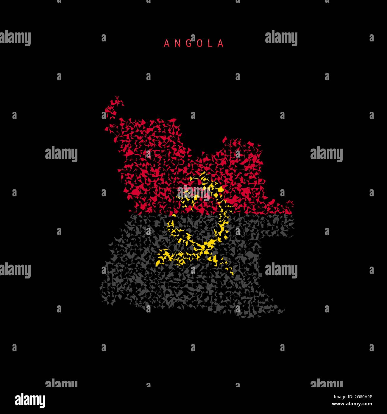 Angola flag map, chaotic particles pattern in the colors of the Angolan flag. illustration isolated on black background. Stock Photo