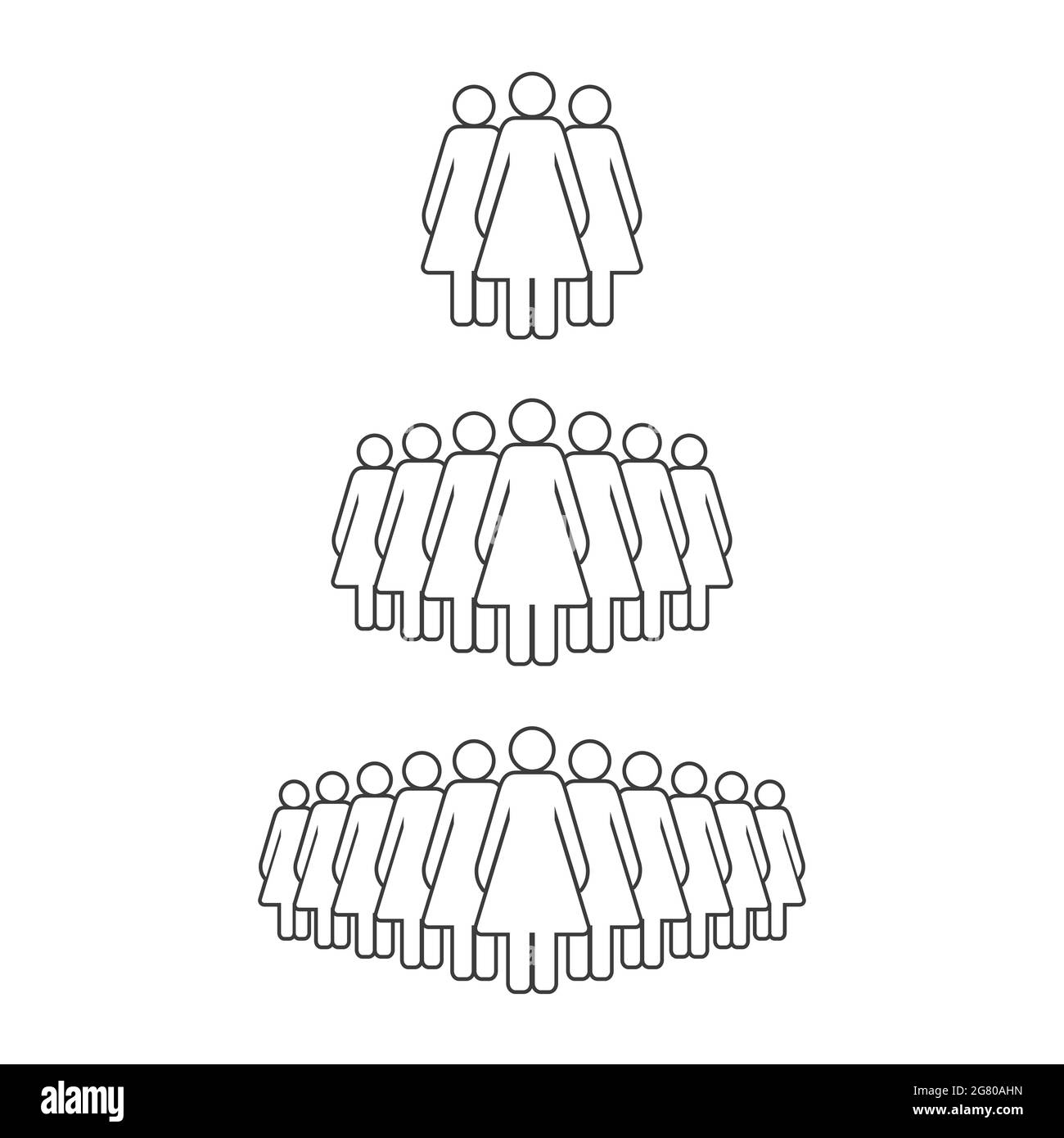 Small, medium and large group of women. Female people crowd line icon ...