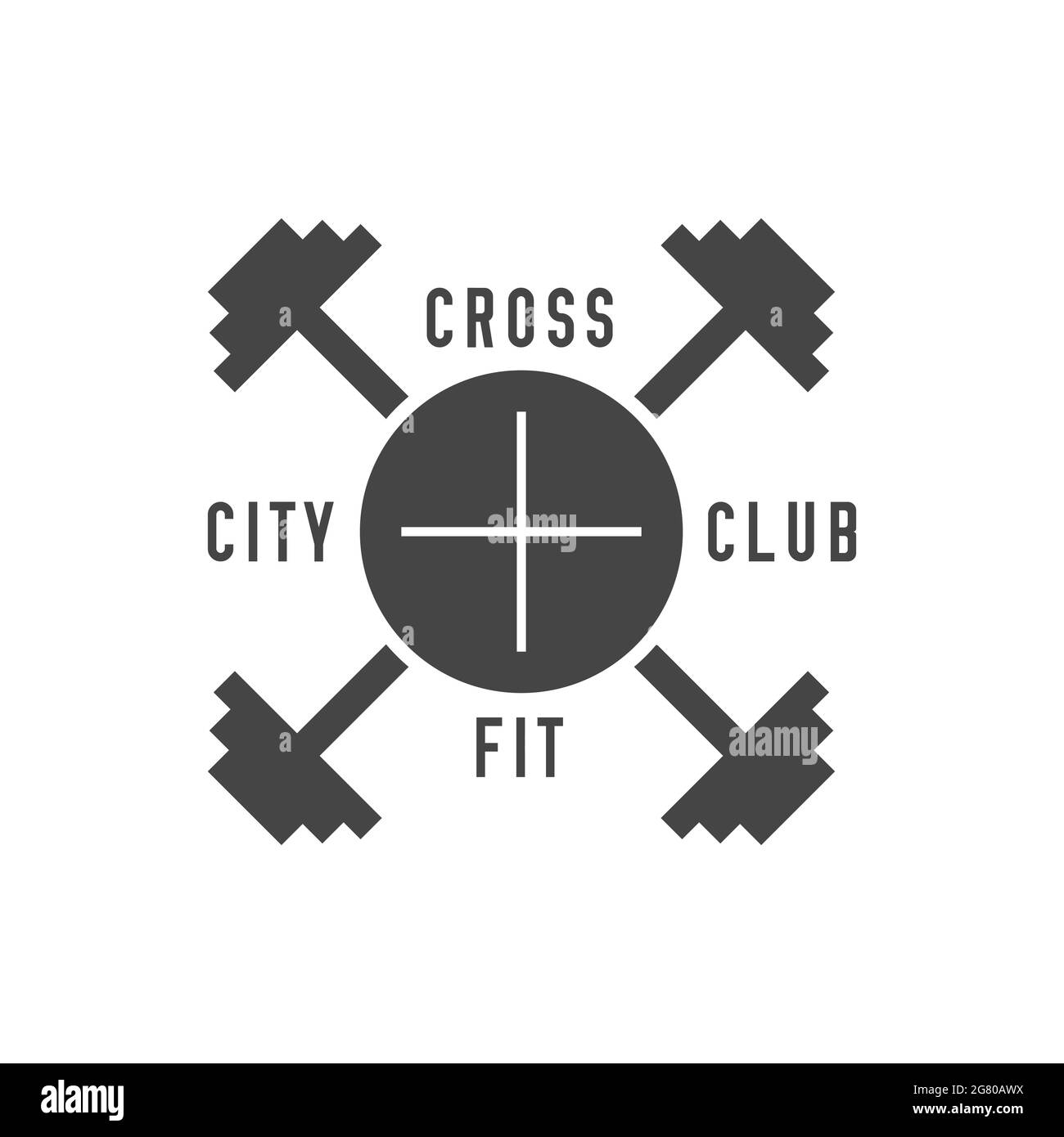 Cross fit city club. Gym bodybuilding, fitness center emblem. Crossed dumbbells. illustration. Stock Photo
