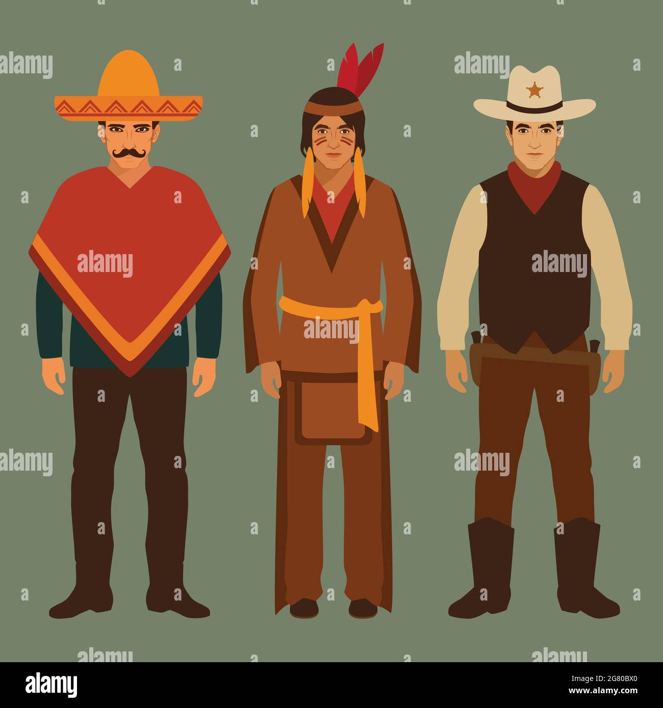 cowboy, indian and mexican, american people, traditional culture Stock Vector