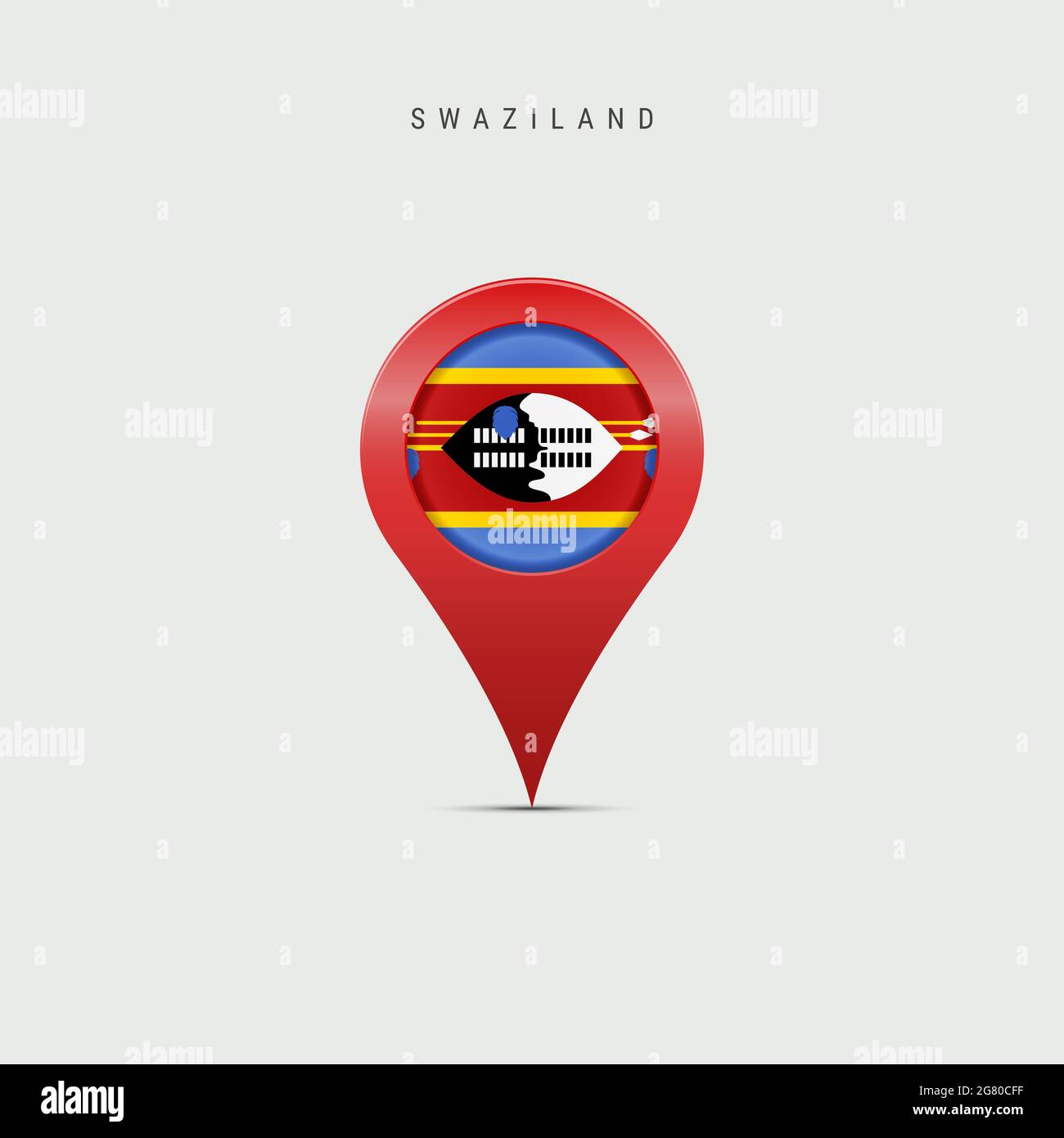 Teardrop map marker with flag of Swaziland. Eswatini flag inserted in the location map pin. illustration isolated on light grey background. Stock Photo