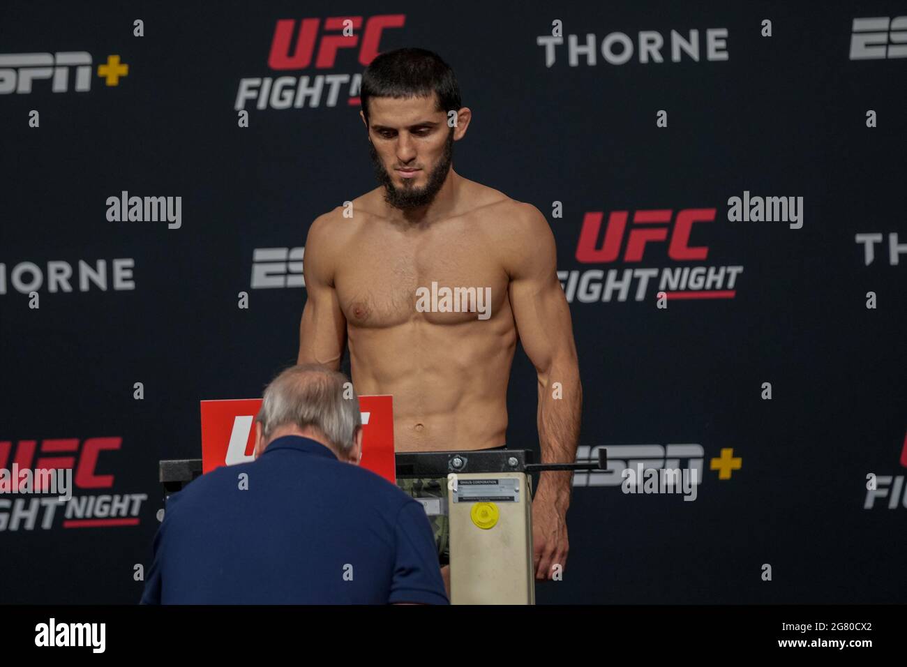 Las Vegas, USA. 16th July, 2021. Islam Makhachev steps on the scale for the official weigh-in during UFC Fight Night - Vegas 31 ESPN - Weigh-ins at UFC APEX on July 16, 2021 in Las Vegas, NV, United States. (Photo by Louis Grasse/PxImages) Credit: Px Images/Alamy Live News Stock Photo