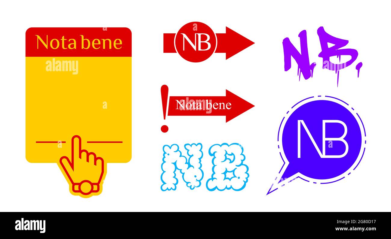 Nota bene latin phrase colored icons. NB abbreviation and note page. Hand cursor with wristwatch. Isolated illustration. Stock Photo