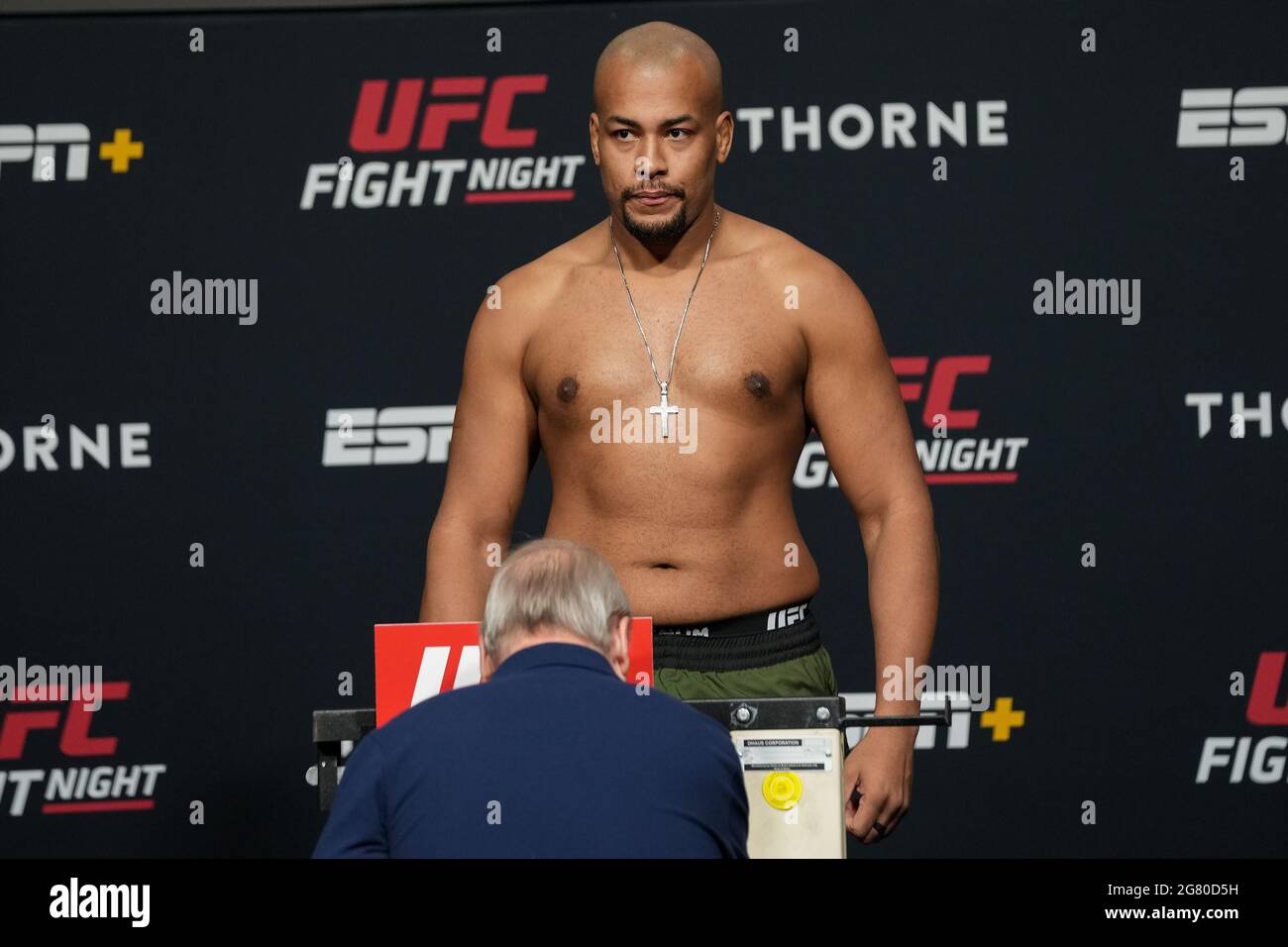 Las Vegas, USA. 16th July, 2021. Rodrigo Nascimento steps on the scale for the official weigh-in during UFC Fight Night - Vegas 31 ESPN - Weigh-ins at UFC APEX on July 16, 2021 in Las Vegas, NV, United States. (Photo by Louis Grasse/PxImages) Credit: Px Images/Alamy Live News Stock Photo