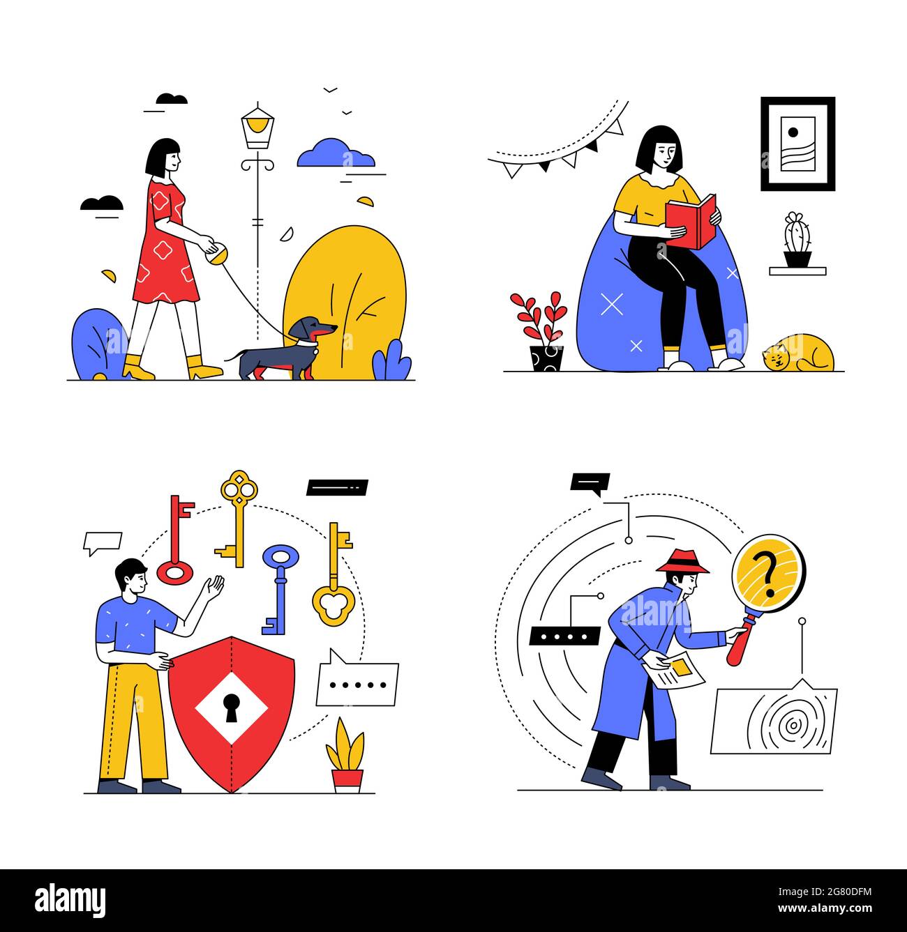 Daily activities - set of colorful flat design style illustration with line elements. Girl resting in the park and reading a book and boy searching an Stock Vector