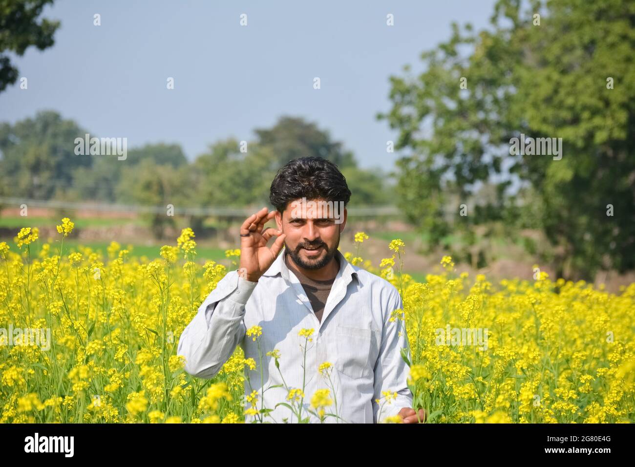 Young indian farmer at black mustard field Stock Photo