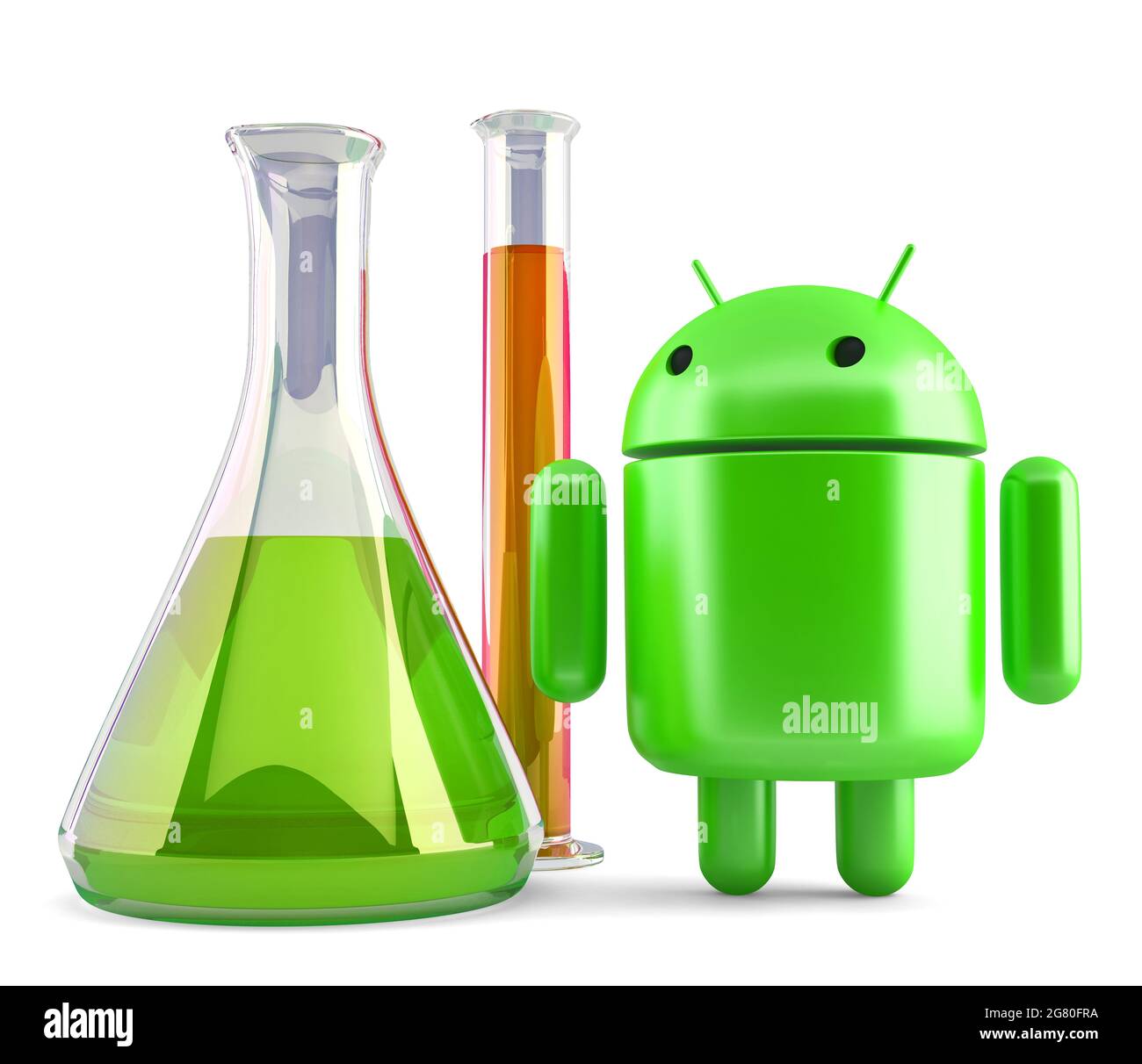 Android robot with laboratory glassware. 3D illustration. Isolated. Illustrative editorial. July 15, 2021 Stock Photo