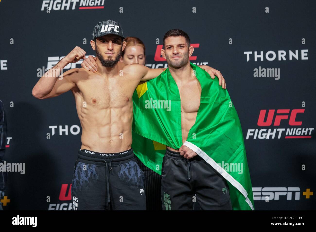 Las Vegas, USA. 16th July, 2021. Islam Makhachev (left) and Thiago Moises (right)face-off following the official weigh-in during UFC Fight Night - Vegas 31 ESPN - Face-off at UFC APEX on July 16, 2021 in Las Vegas, NV, United States. (Photo by Louis Grasse/PxImages) Credit: Px Images/Alamy Live News Stock Photo