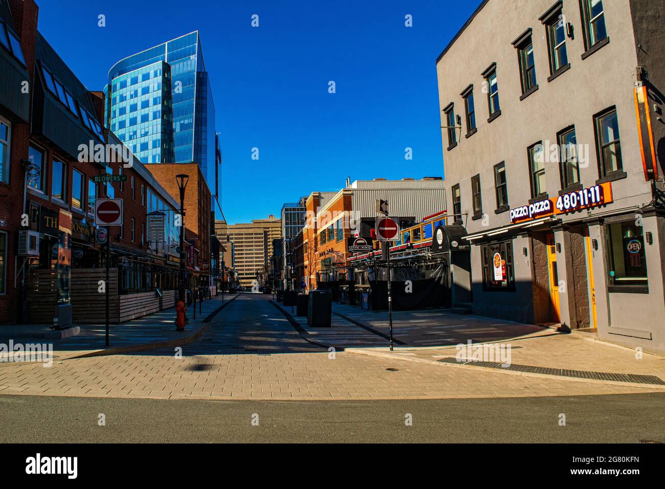 scarly empty Argyle Street the first summer of  the pandamic not a soul in sight in the heart of downtown halifax Stock Photo