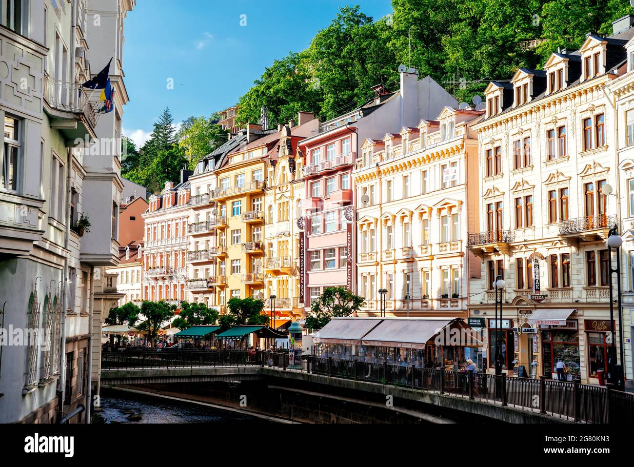 Karlovy Vary, Czech Republic - May 26, 2017: Colorful historic buildings in Karlovy Vary (Karlsbad) spa town Stock Photo