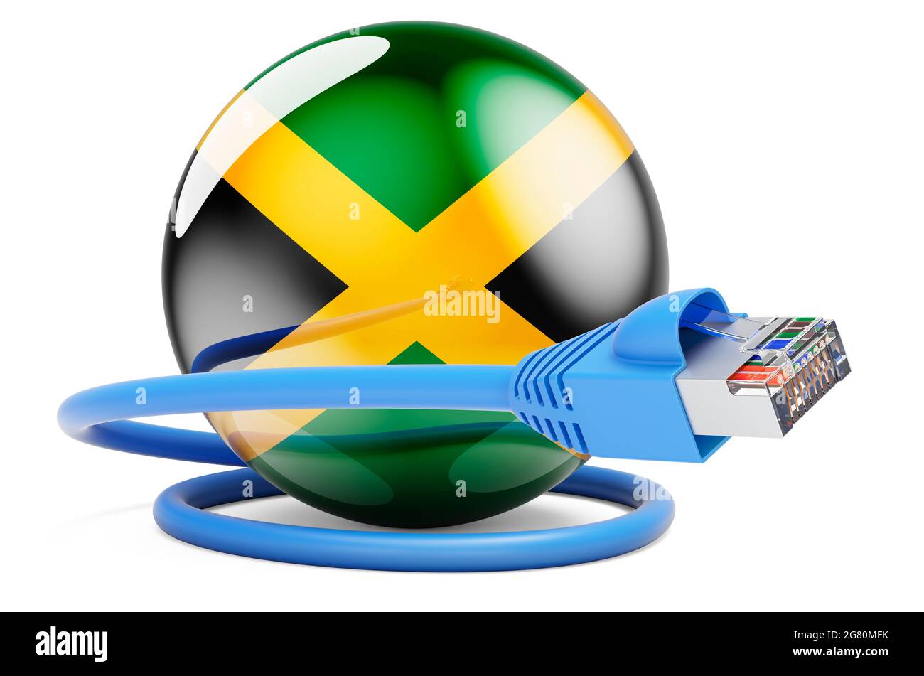 connection in Jamaica. Lan cable with Jamaican flag. 3D