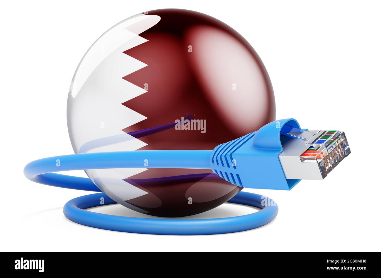 connection in Qatar. Lan cable with Qatari flag. 3D rendering