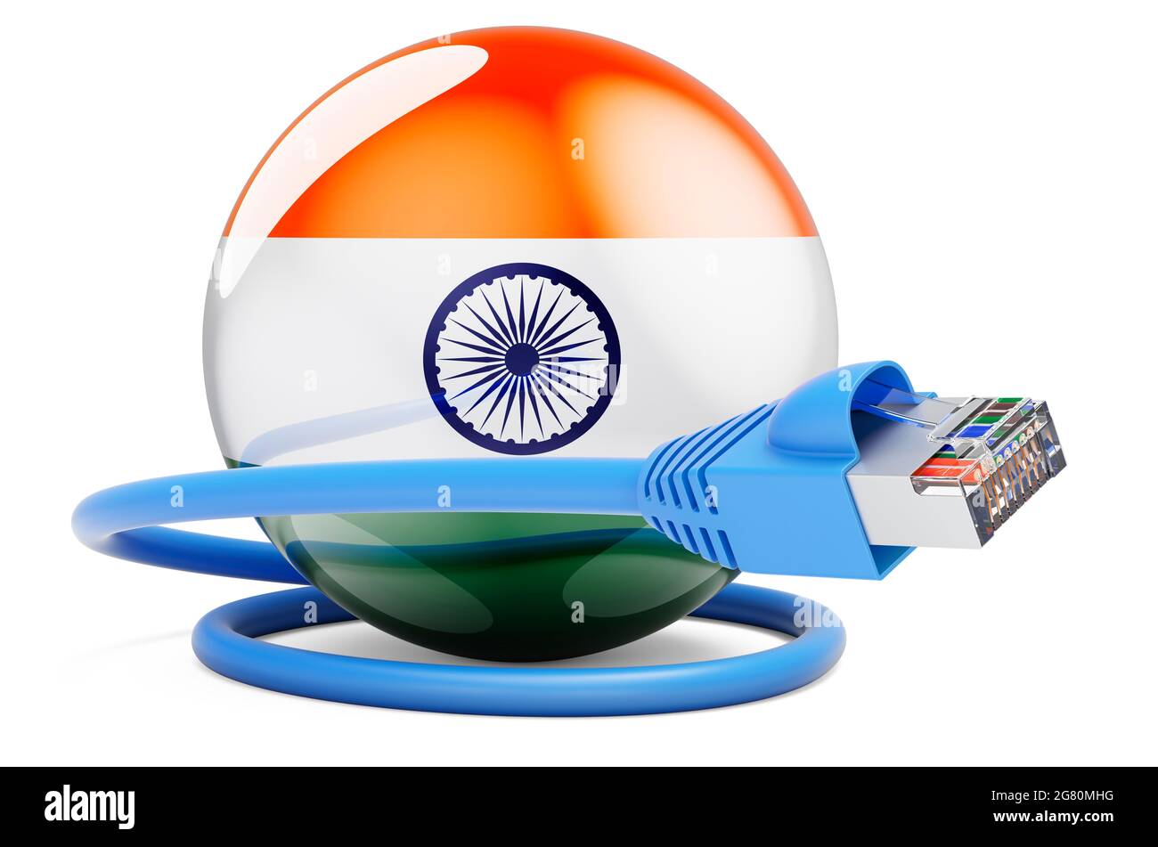 connection in India. Lan cable with Indian flag. 3D rendering