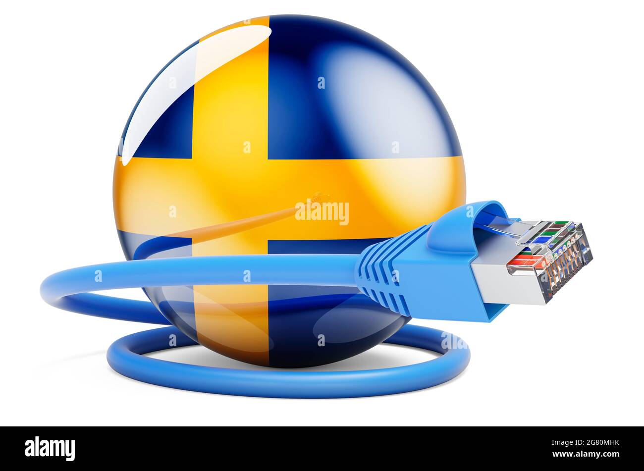 connection in Sweden. Lan cable with Swedish flag. 3D