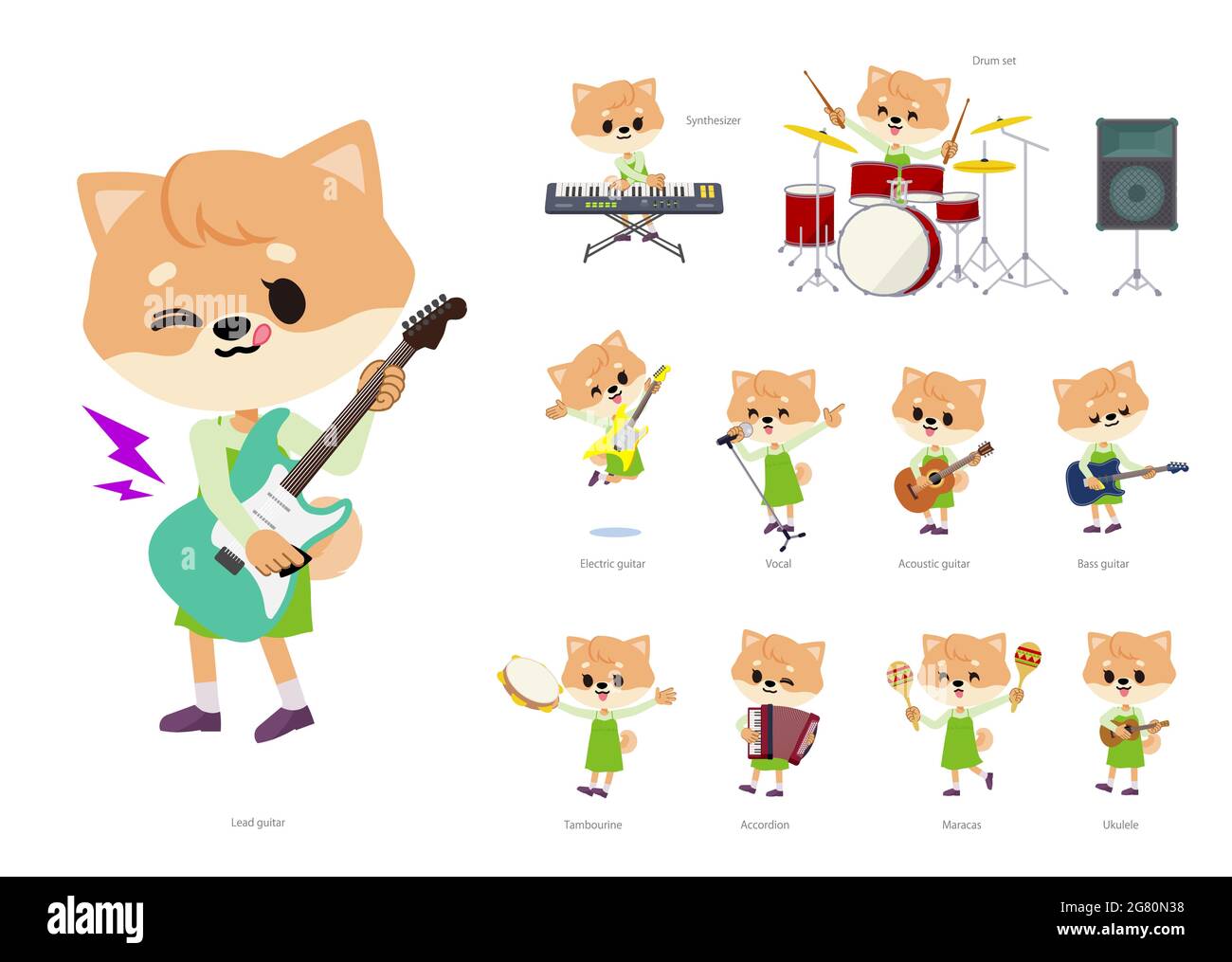 A set of Dog girl playing rock 'n' roll and pop music.It's vector art so it's easy to edit. Stock Vector