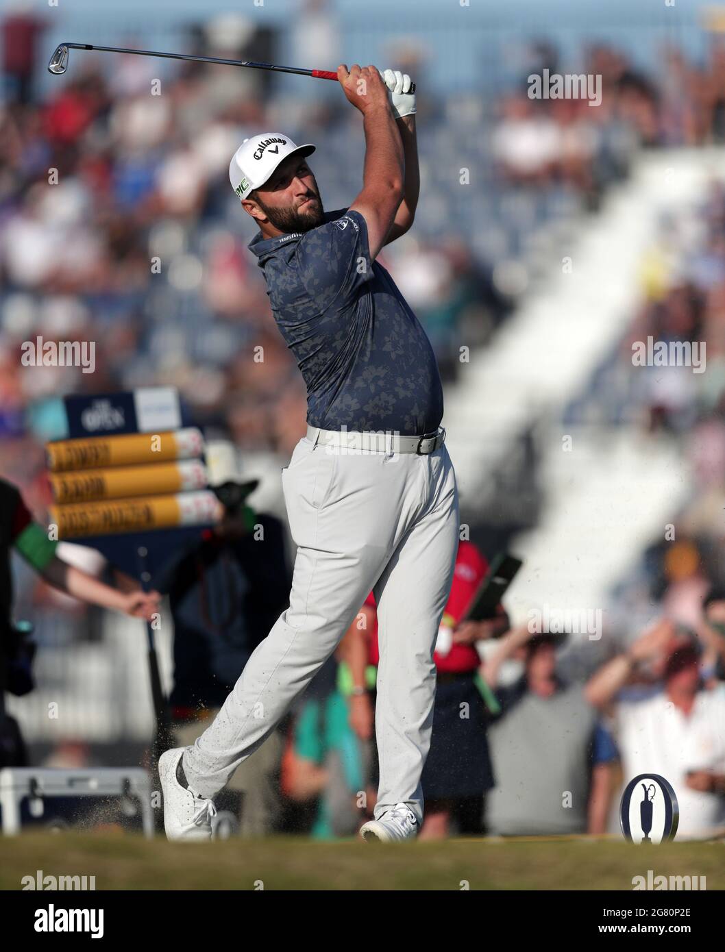 Kent, UK. 16th July, 2021. 16th July 2021; Royal St Georges Golf Club,  Sandwich, Kent, England; The Open Championship Golf, Day Two; Jon Rahm (ESP)  hits his tee shot on the 16th