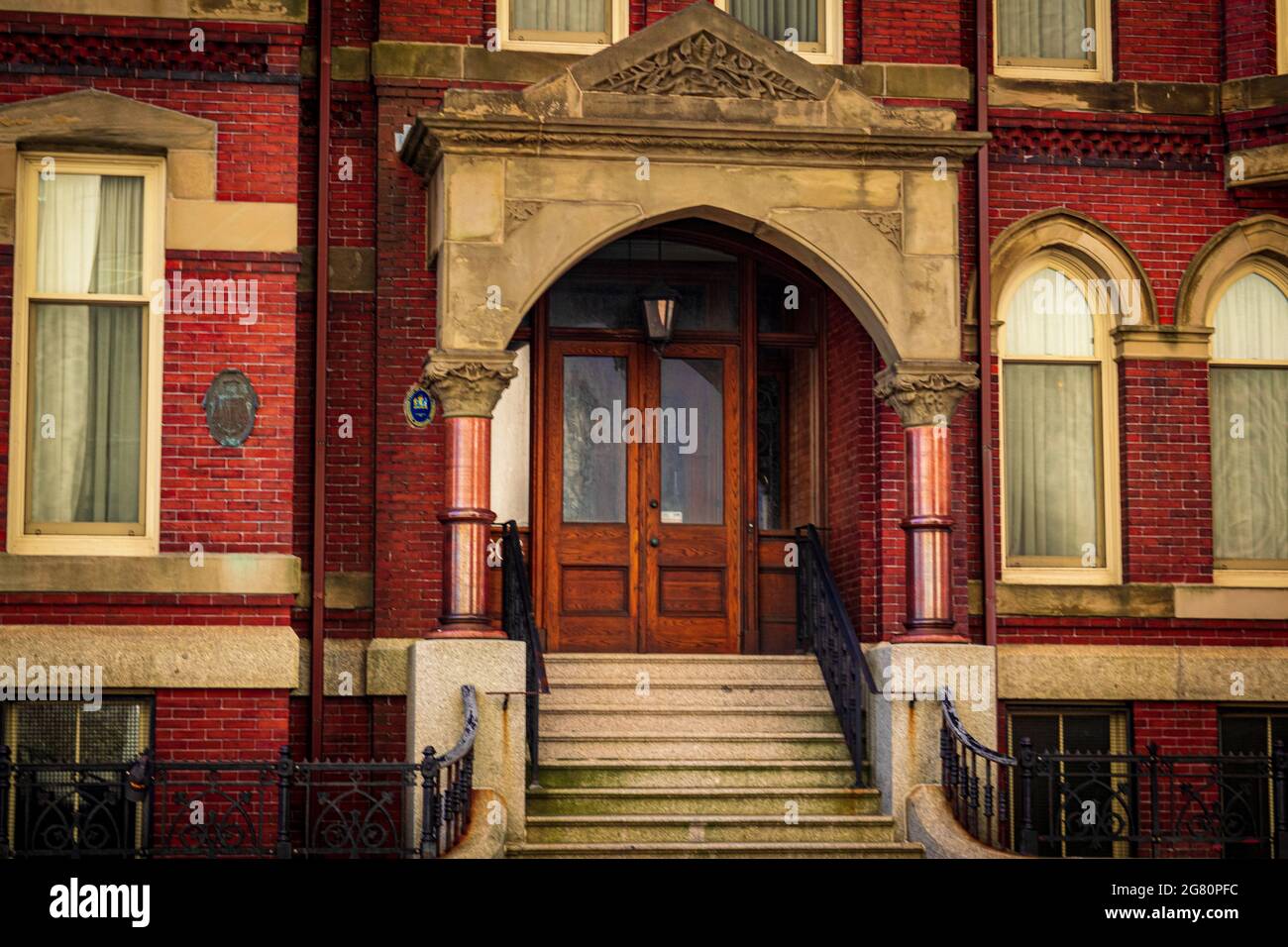 historic victorian era mason in the heart of downtown halifax. red brick and sandstone Stock Photo