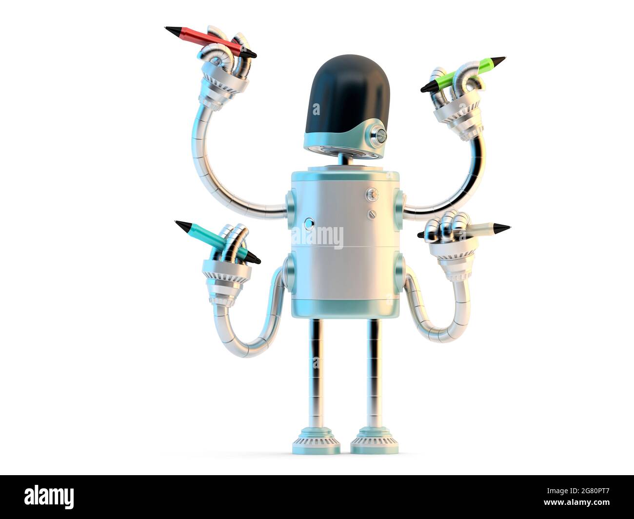 Four-arm robot with pencils. 3D illustration. Isolated Stock Photo
