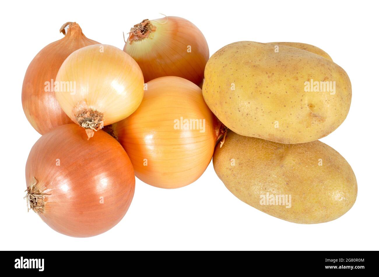Fresh organic yellow raw ripe onion and potato vegetable, isolated on