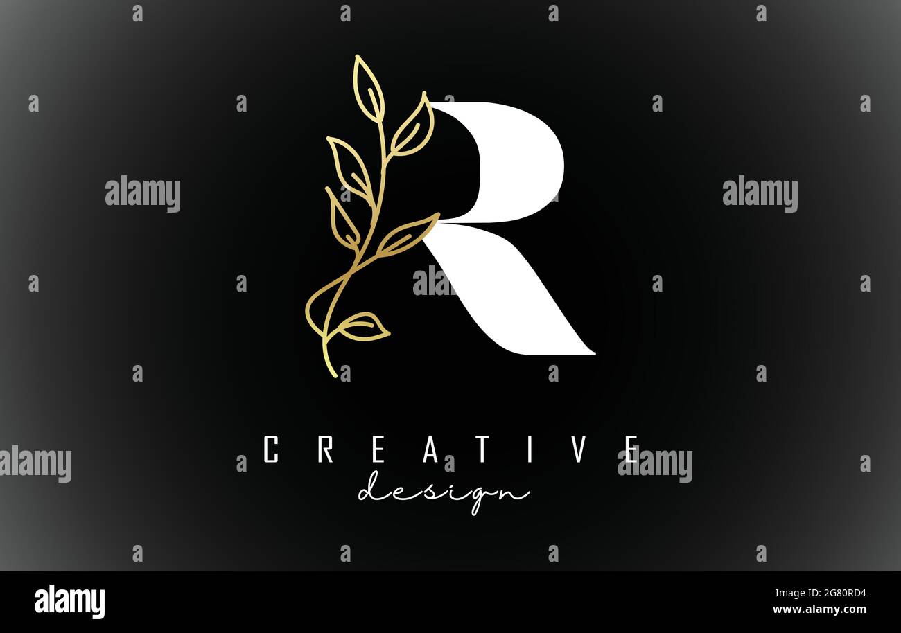 White R letter logo design with golden leaves branch vector ...