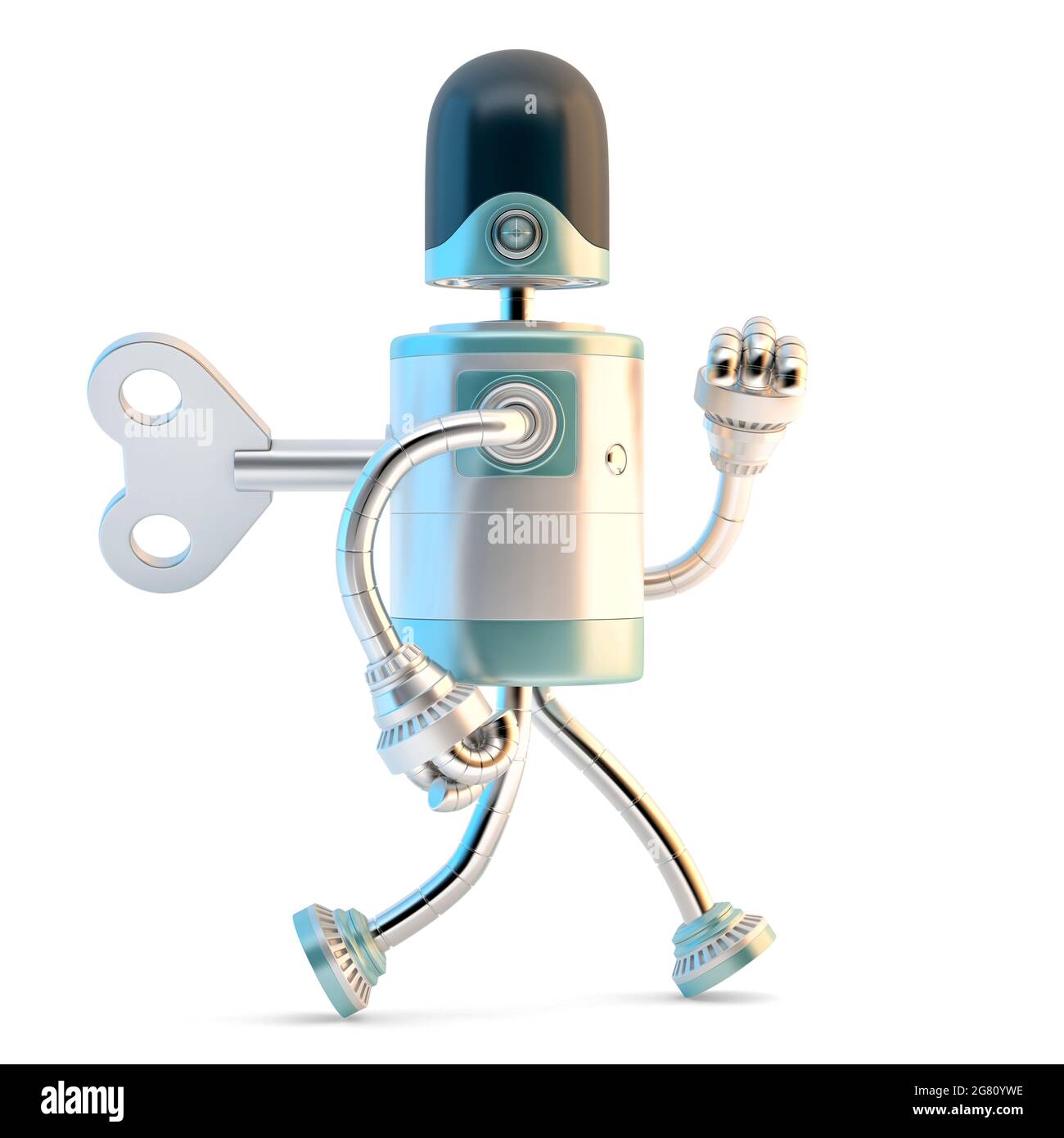 Robot walking with wind up key in his back. 3D illustration. Isolated Stock Photo