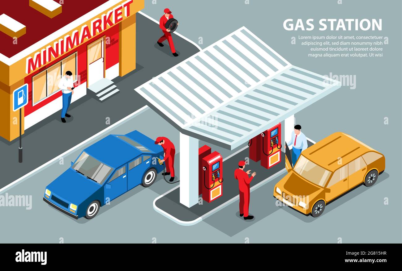 Gas station horizontal background with fuelling stands under the visor and mini market isometric vector illustration Stock Vector
