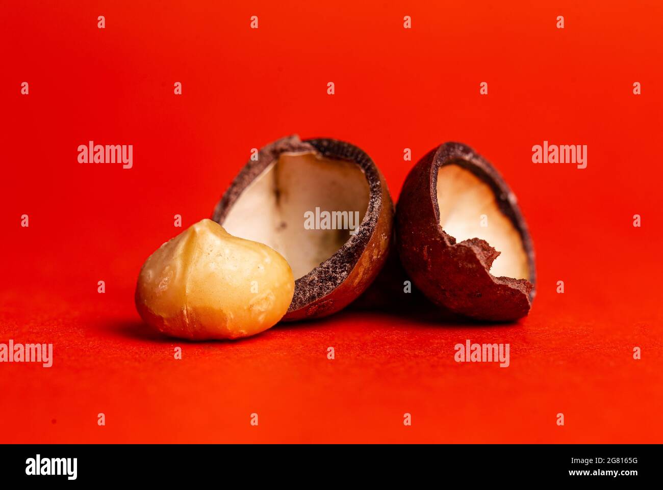 open macadamia nut close-up on a red background. Stock Photo