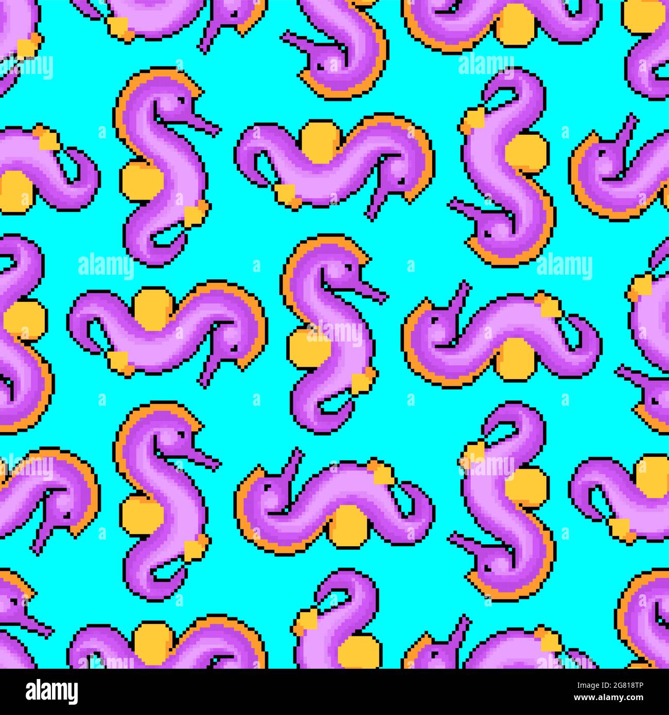 SeaHorse pixel art pattern seamless. 8 bit Sea animal background. vector texture Stock Vector