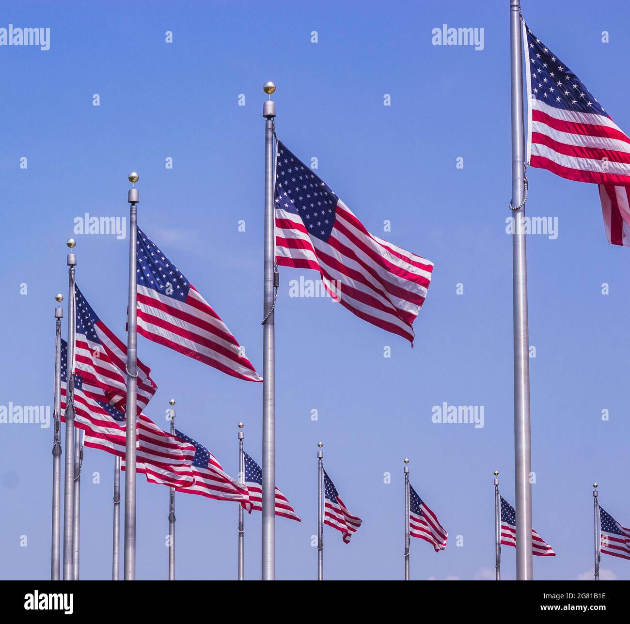 American Flags Wave in the Wind Below the Washington Monument Stock Photo