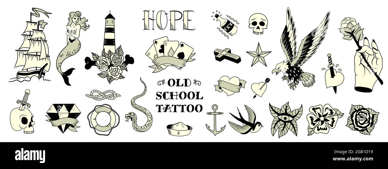 Old school tattoo black white elements set with eagle mermaid rose anchor sailboat skull isolated vector illustration Stock Vector