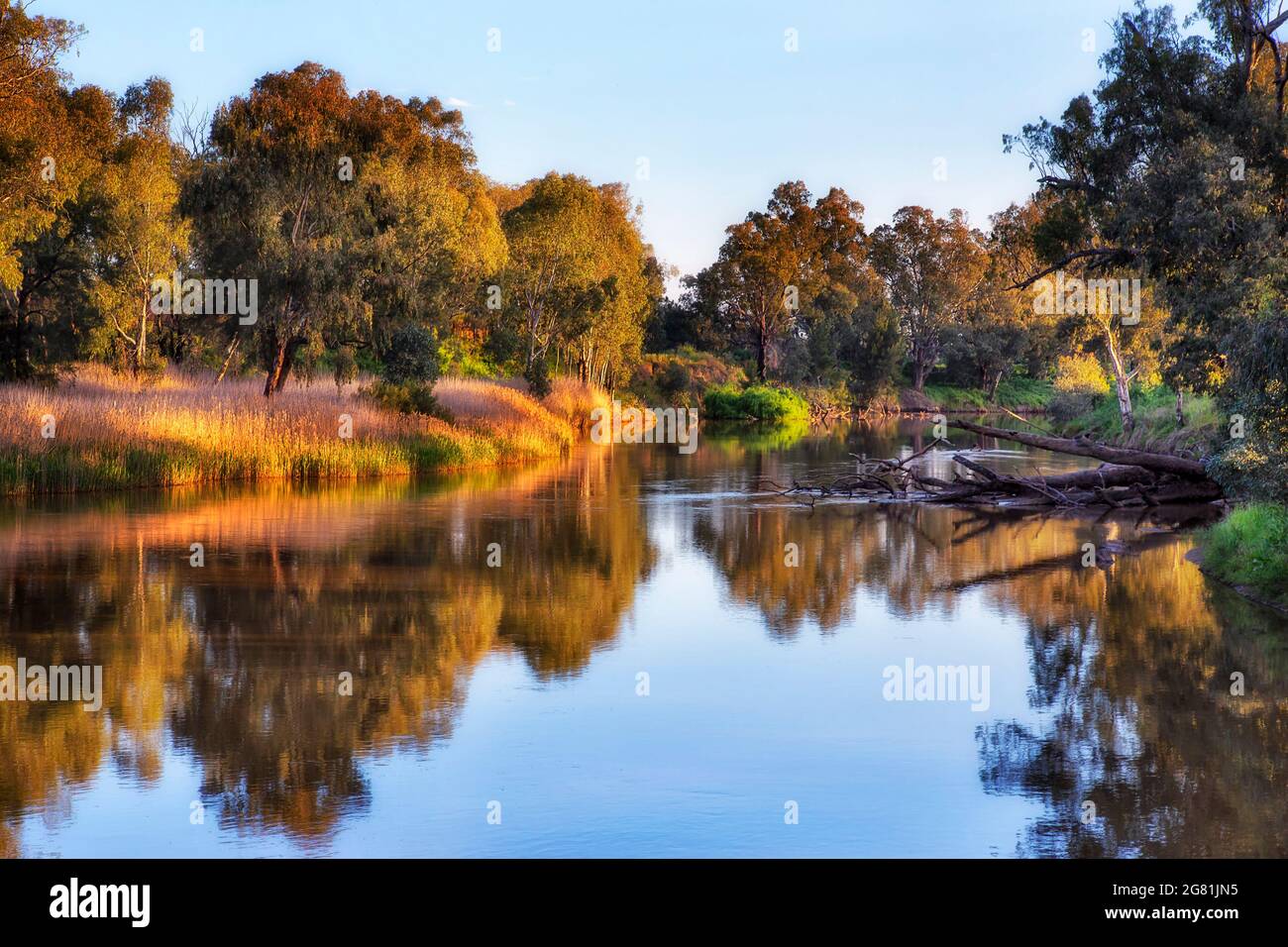 Calm waters of Macquarie river flowing down between scenic fields and trees in Dubbo town of Australia. Stock Photo